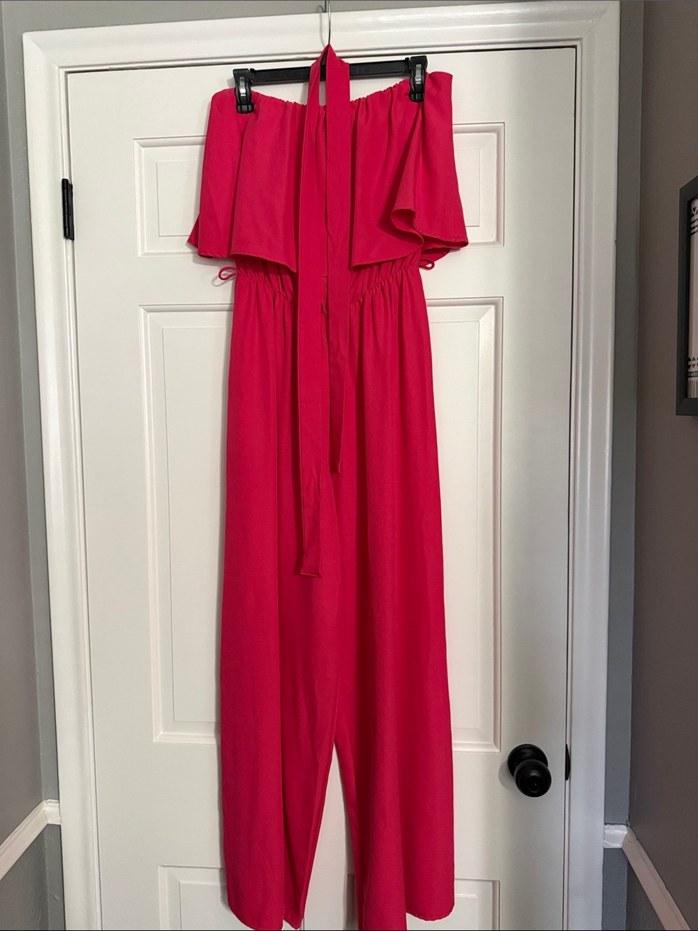 Impressions Off-Shoulder Hot Pink Jumpsuit with Waist Tie